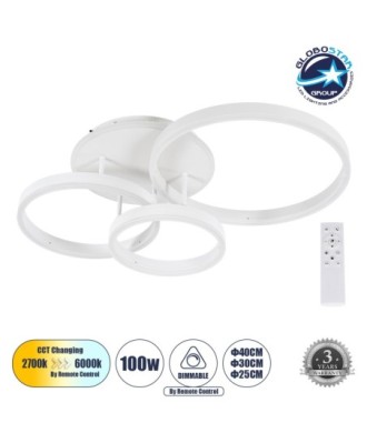 GLOBOSTAR® VENOM 61124 Μοντέρνο Φωτιστικό Οροφής LED 100W 12100lm 360° AC 220-240V IP20 Ρυθμιζόμενο Λευκό CCT με Χειριστήριο από 2700K έως 6000K Dimmable - Lumileds SMD Chip - Λευκό Ματ - Μ70 x Π40 x Υ16cm - 3 Χρόνια Εγγύηση